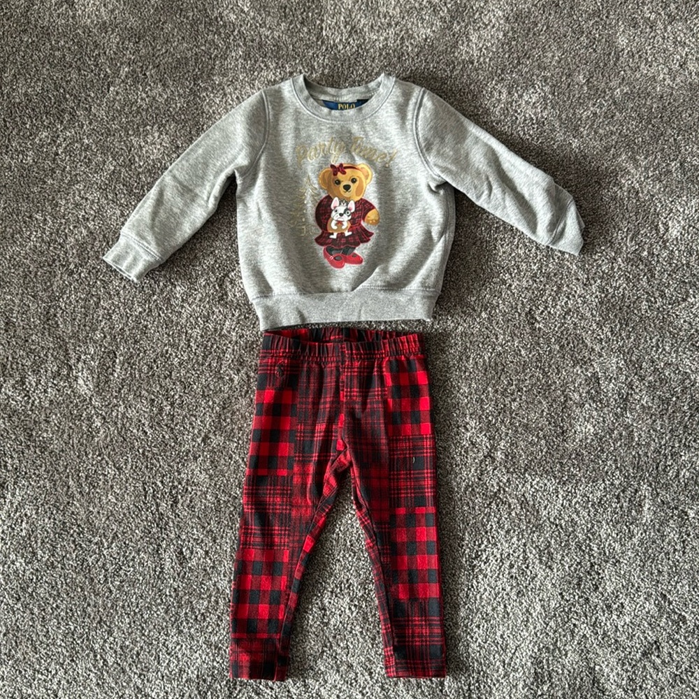 Matching Polo girls gray sweatshirt and red and black plaid pants, size 2T.